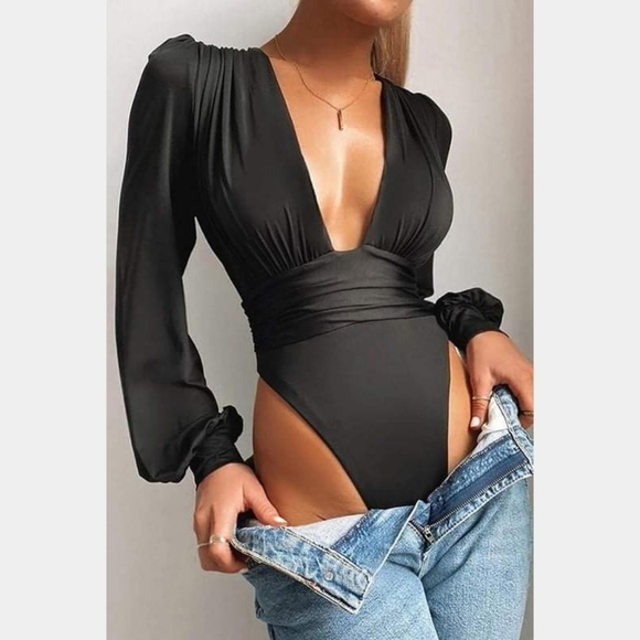 Burgundy Red Deep V Neck Long Balloon Sleeve Bodysuit - Picture 7 of 11